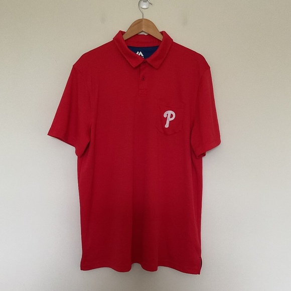 Majestic Philadelphia Phillies Polo Shirt Mens Sz 2XL Red MLB Baseball Preppy - Picture 1 of 9